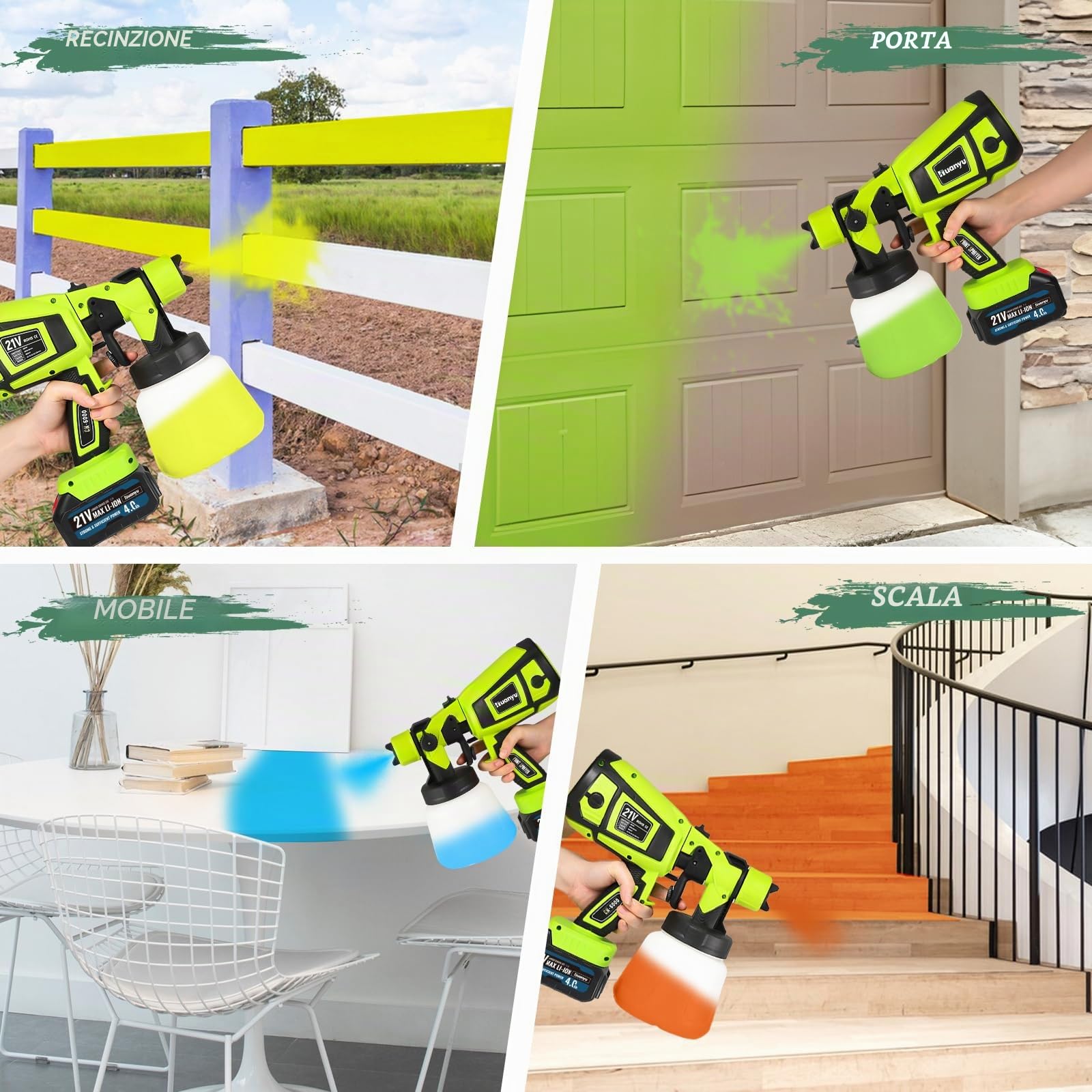 Huanyu Spruzzatore di vernice a batteria, 5 ugelli, 3 modelli(CN6000 Verde) | 2 batterie da 21V 4.0Ah, 900ml, Spruzzatore di vernice elettrico per recinzioni, capanni e mobili