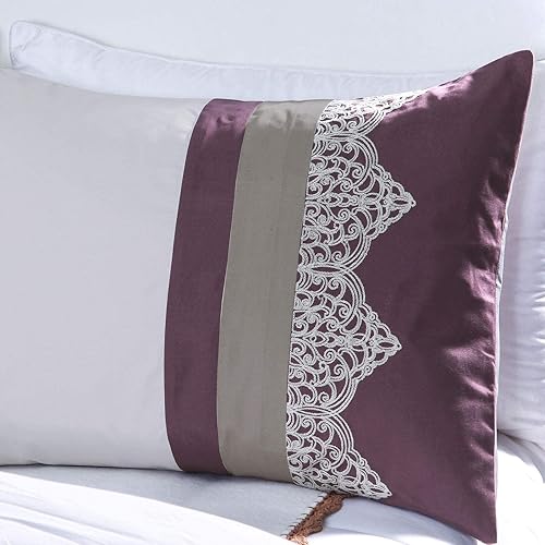 Miniatura 3 de Chezmoi Collection Chloe - Juego de edredón de 7 piezas con bordado geométrico geométrico a rayas plisadas, color morado y gris, tamaño Queen