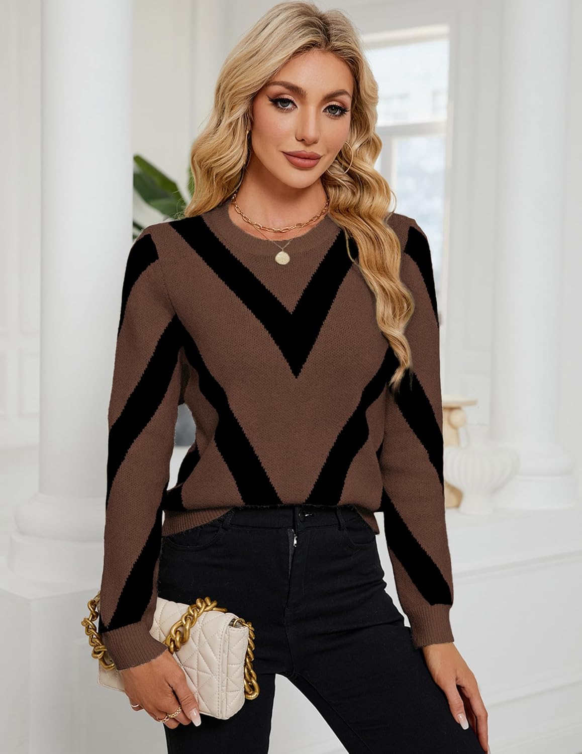 Womens Dressy Casual Color Block Striped Sweater Fall 2025 Trendy Outfits Lightweight Ribbed Knit Pullover Top - Image 2