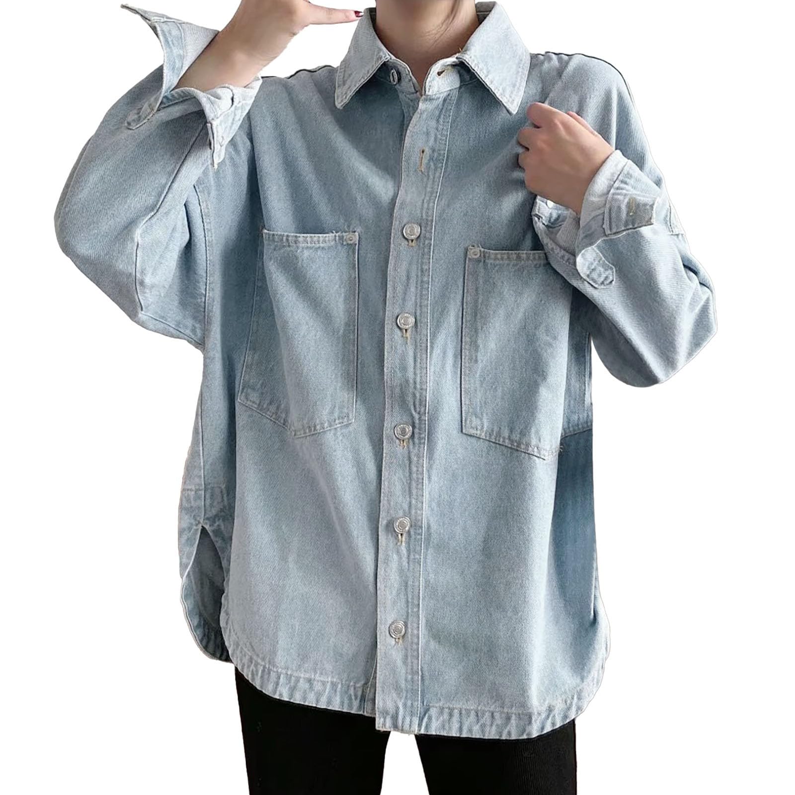 Blusa vaquera para mujer, larga, oversize con bolsillos en el pecho, parte superior con botones, manga larga, chaqueta vaquera, camisa vaquera, camisa vaquera, camisa vaquera, camisa vaquera, camisa