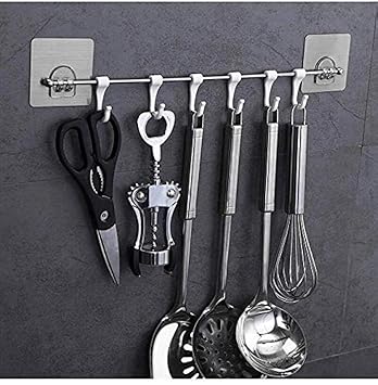 GOLWYN Premium Self Adhesive Kitchen Accessories Items Organizer Rack Stand, Wall Hanging Hooks Strong Without Drilling/Bathroom Door Cloth Hanger (9 Hooks), Stainless Steel - image, photos