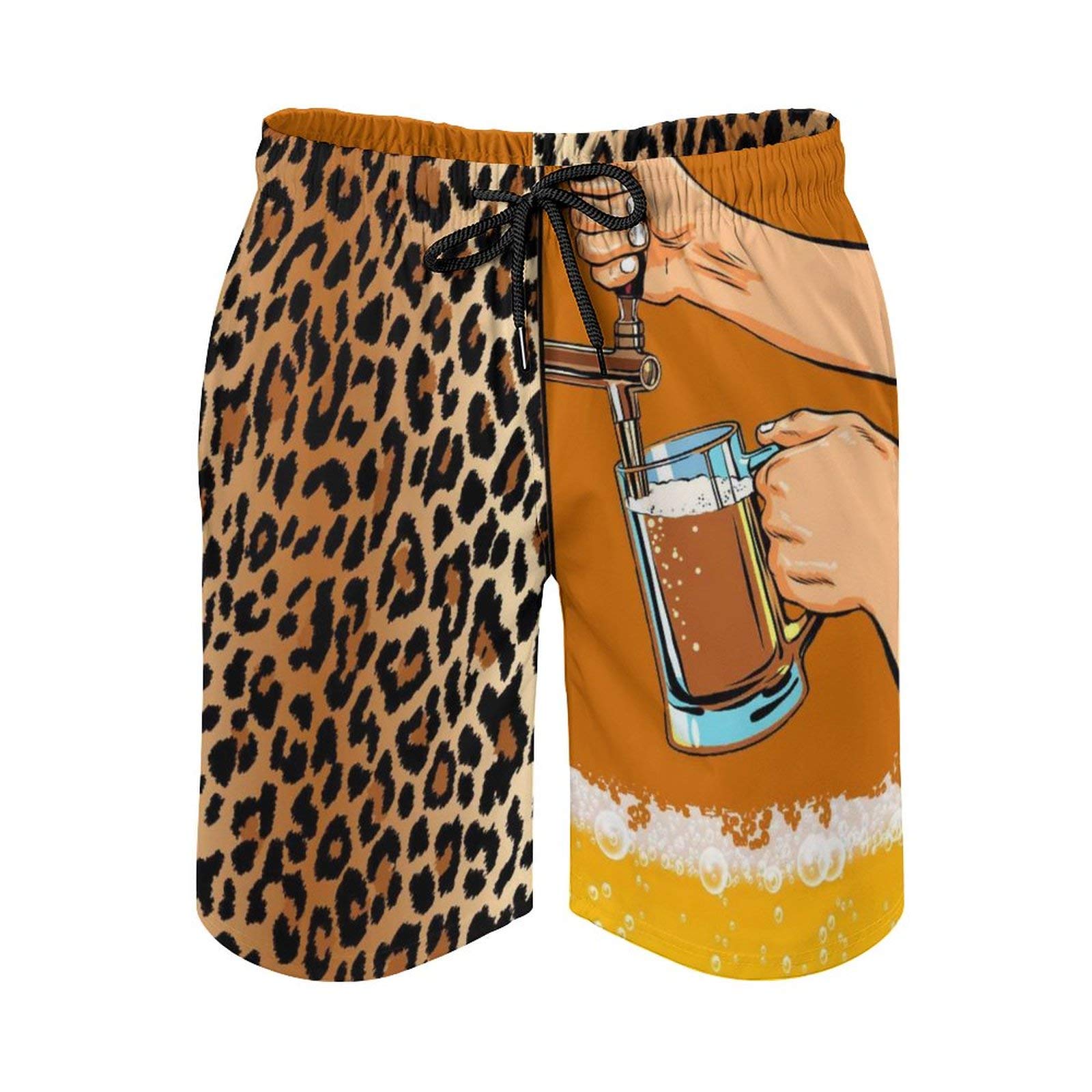 Beach Shorts for Men Swim Trunks Leopard Beer Boy Quick Dry Summer Beach Surfing Sports Shorts with Mesh Lining Pants