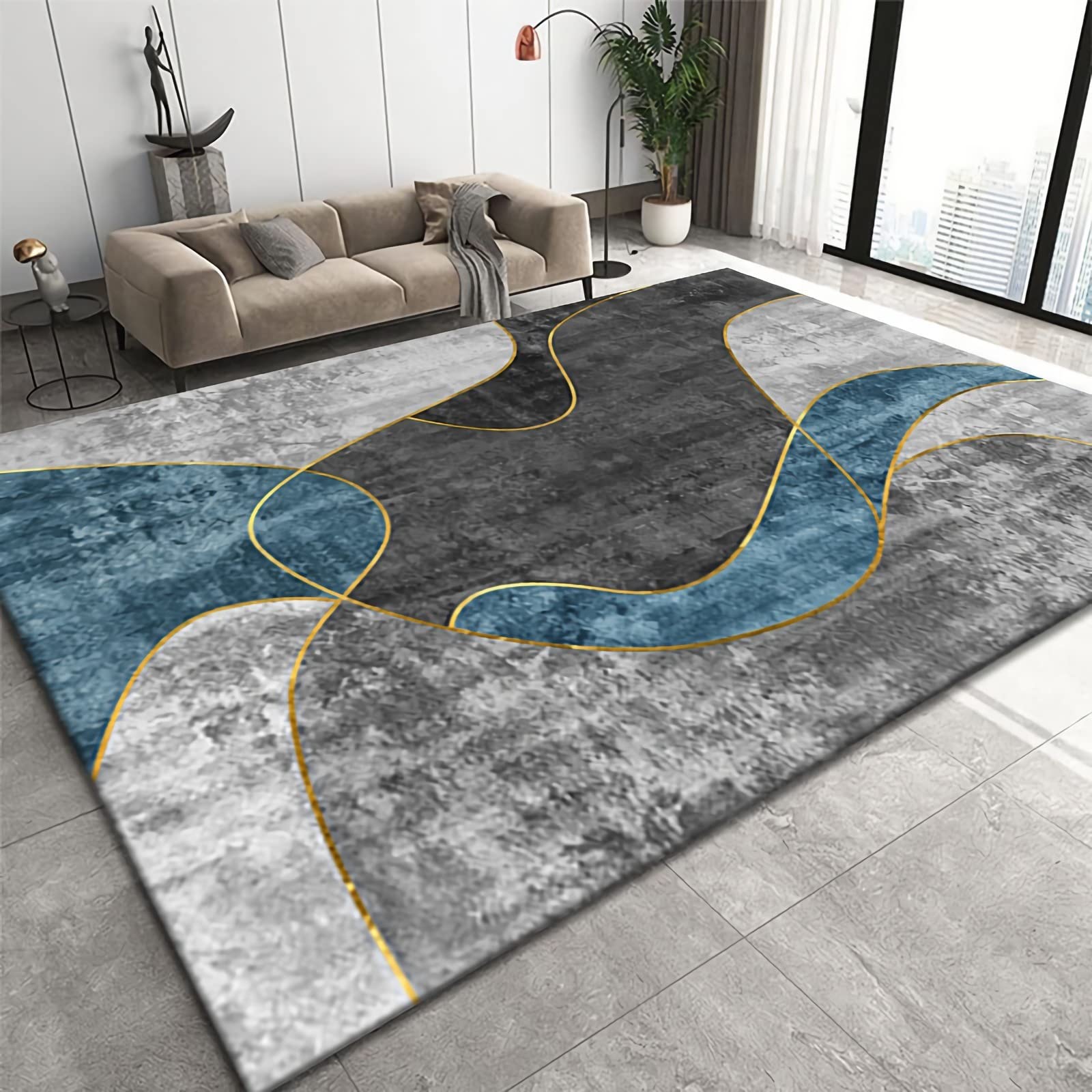 Teppich esstisch deko,Langlebiger, Rutschfester Teppich In Blau, Grau, Schwarz Schlafzimmer deko modern,jugendzimmer deko 200x300cm