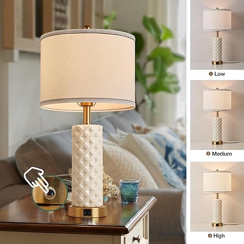 Miniatura 2 de Juego de 2 lámparas de mesa para dormitorio, lámparas de mesa de noche de cerámica de 26 pulgadas con puertos USB A+C, regulables de 3 vías,