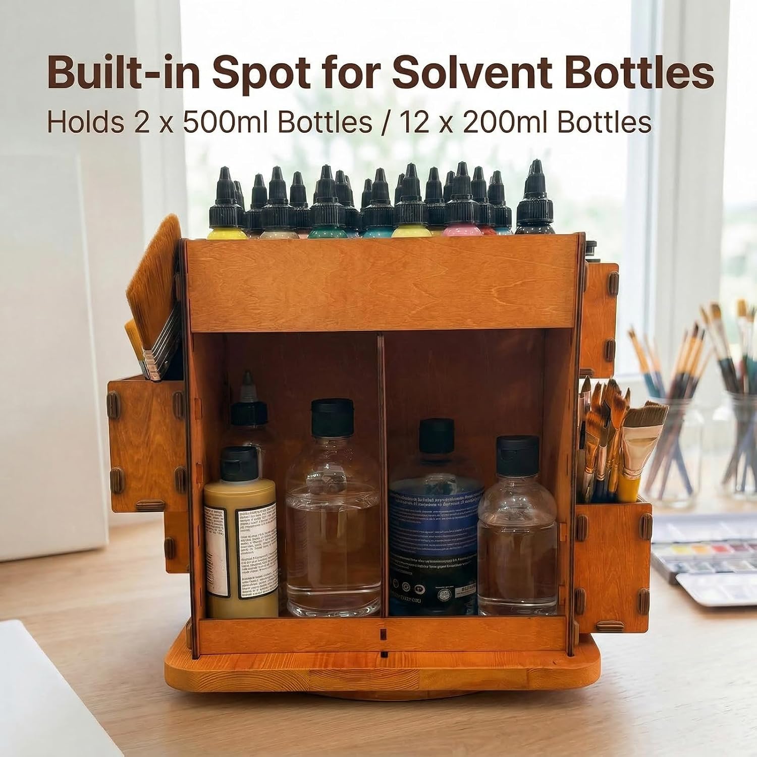Rotating Paint Tube Organizer, 360 Degree Wooden Art Supply Storage for Acrylic & Oil Paint, Fits Tubes 80ml to 200ml, Adjustable Shelves with Solvent Bottle Holder, Paint Brush Holder