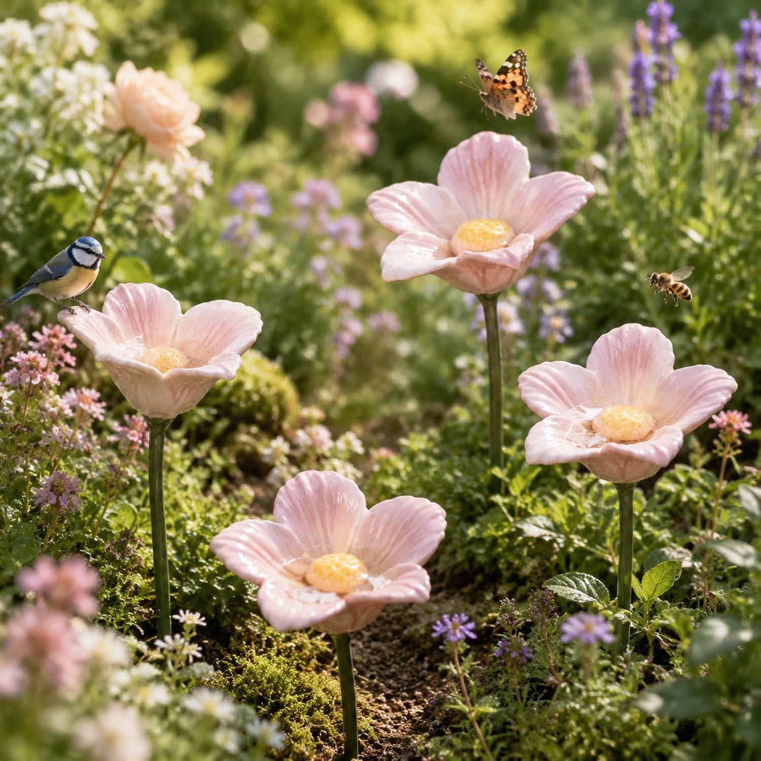 Handmade Ceramic Mini Pollinator Watering Station Set – Flower Shaped Bee Water Feeder & Butterfly Bath – Decorative Garden Stakes Outdoor Ornaments for Lawn, Patio, and Potted Plants,4 Pink