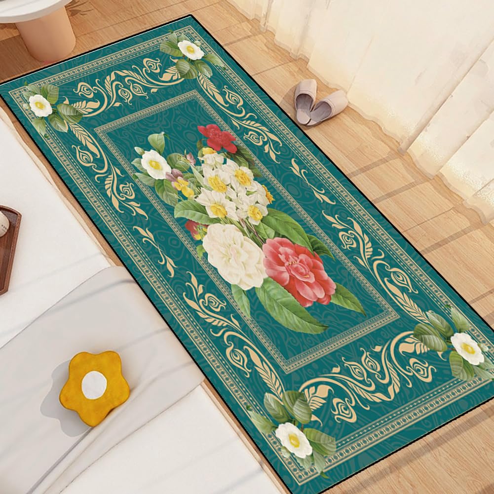 Teppich Läufer Flur Teppichläufer Küchenläufer Küche Teppiche rutschfest Waschbar Bettvorleger für Flur Waschküche, 100x450cm Weiße rote Blumen