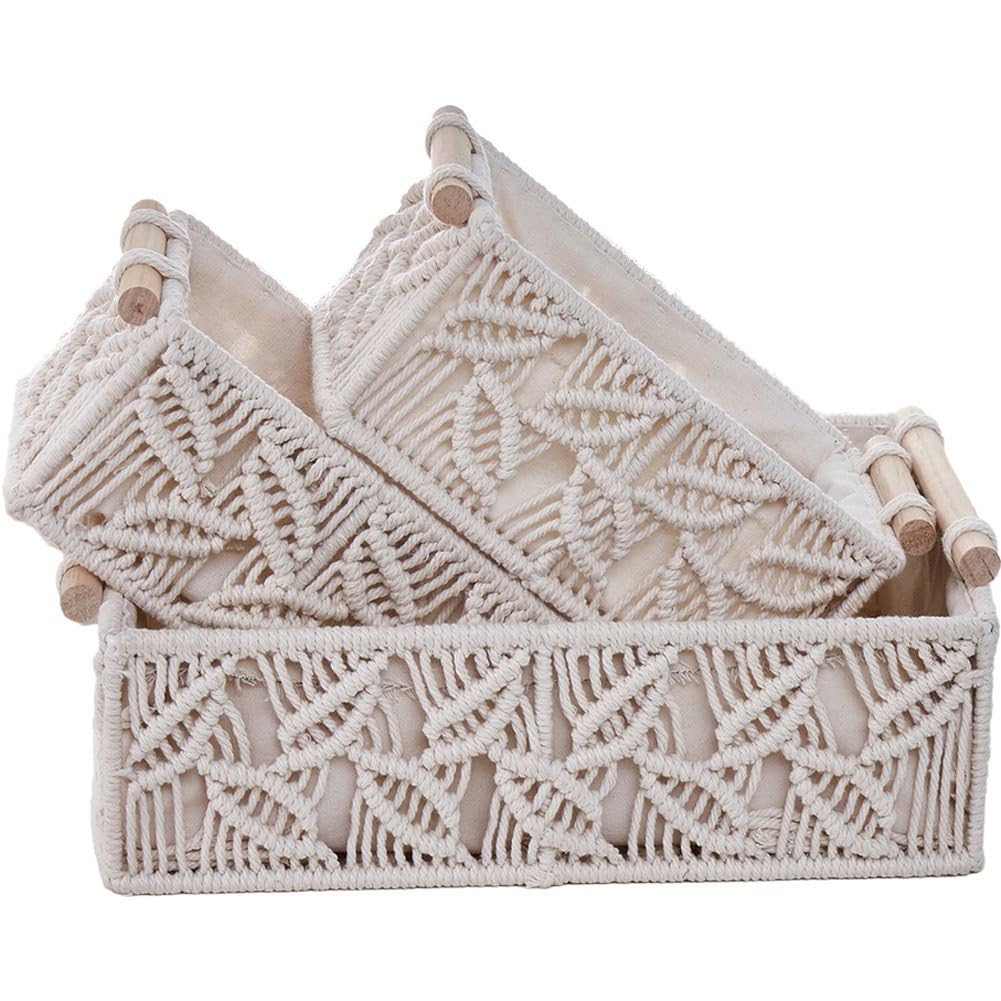 Cestas de macramé de cuerda de algodón de alta calidad con elegantes asas de madera 1