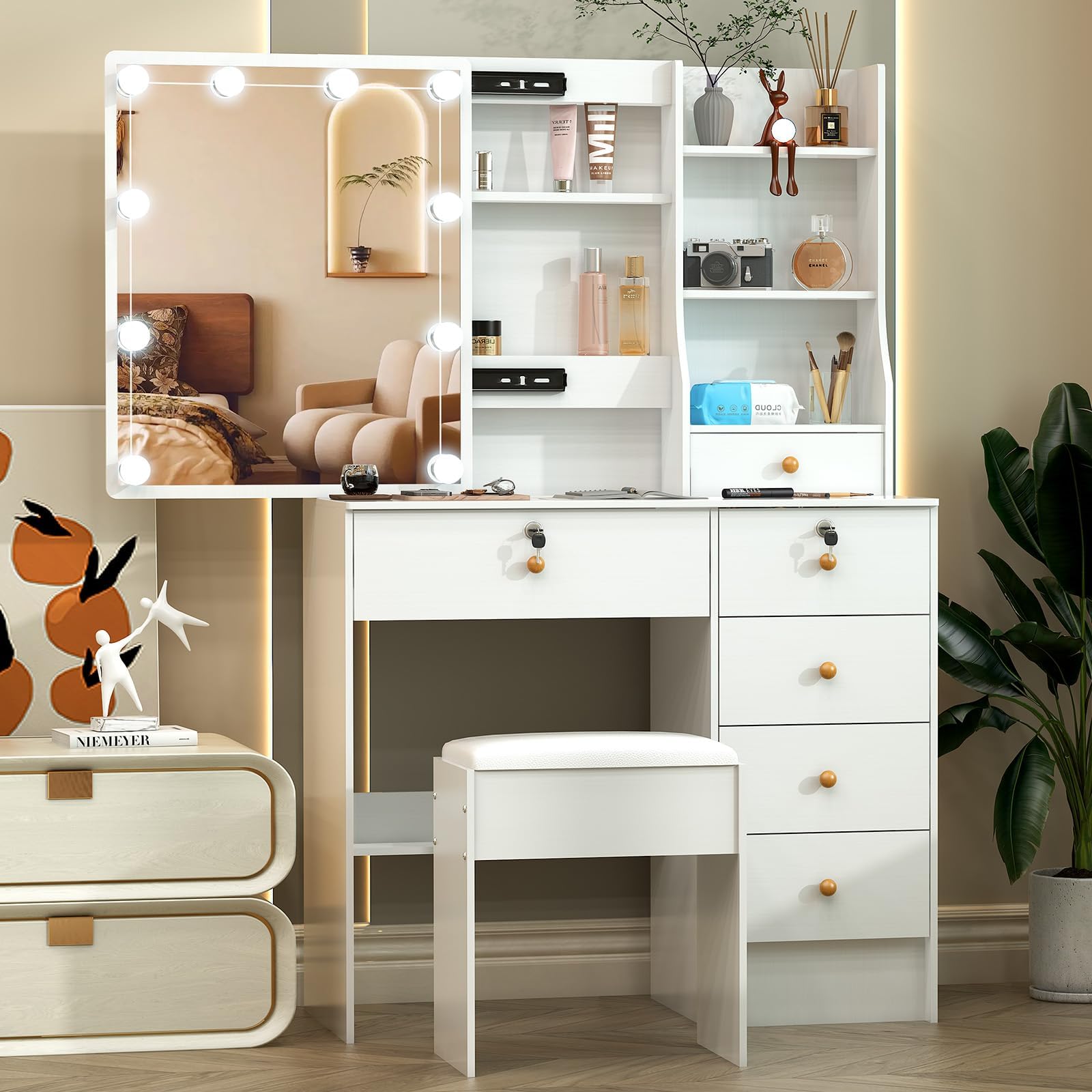 Makeup Vanity with Lighted Mirror,Makeup Vanity with 6 Drawers 2 Key ...