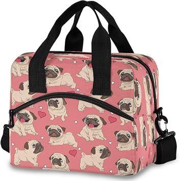 Pug Heart Lovely Dog Puppy Insulated Lunch Tote Bag Reusable Cooler Lunch Box with Shoulder Strap for Work Picnic School Beach