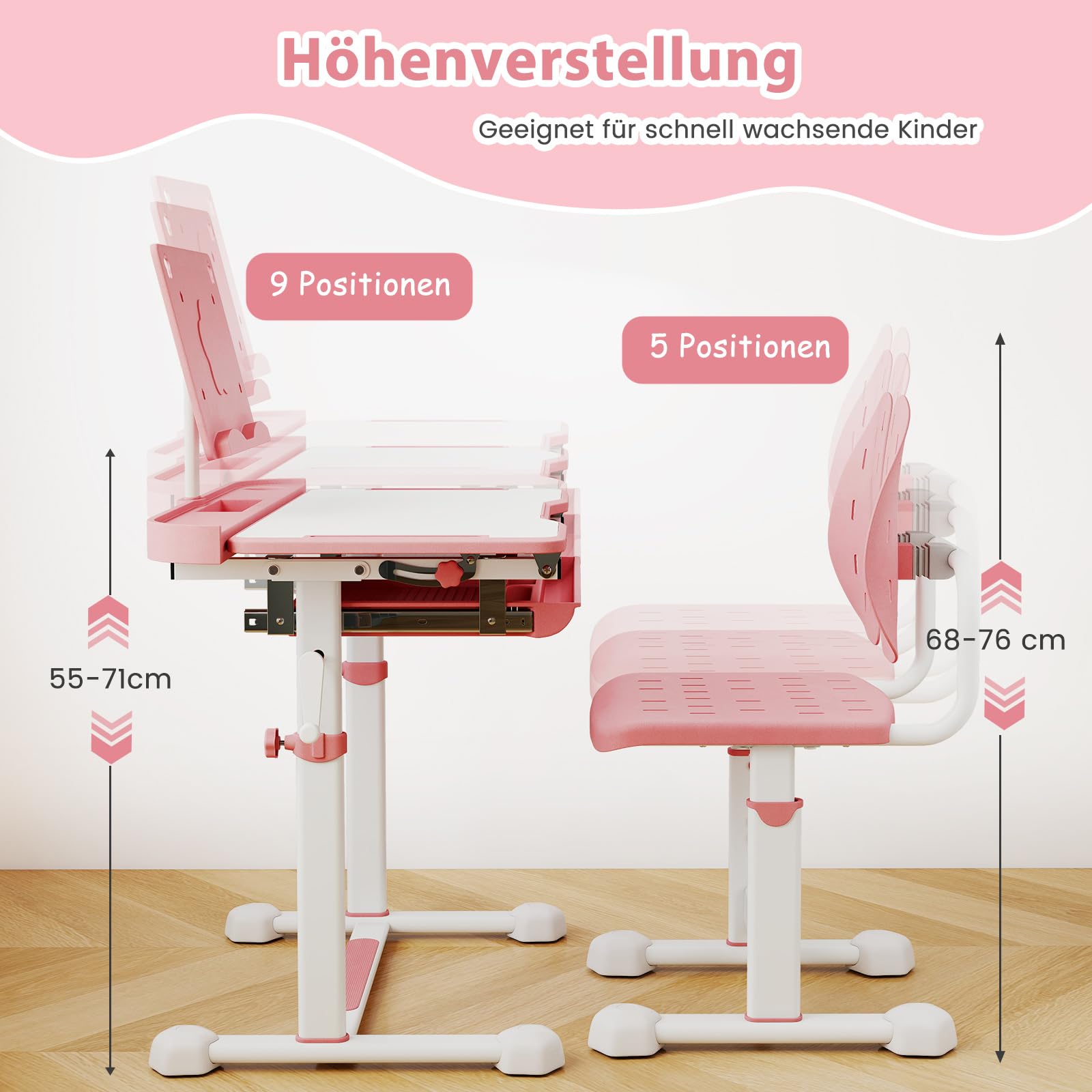 COSTWAY Schreibtisch Kinder mit Stuhl, Kinderschreibtisch höhenverstellbar mit neigbarer Tischplatte, Jugendschreibtisch mit Schublade & Buchständer für Jungen & Mädchen ab 3 Jahren (Rosa)