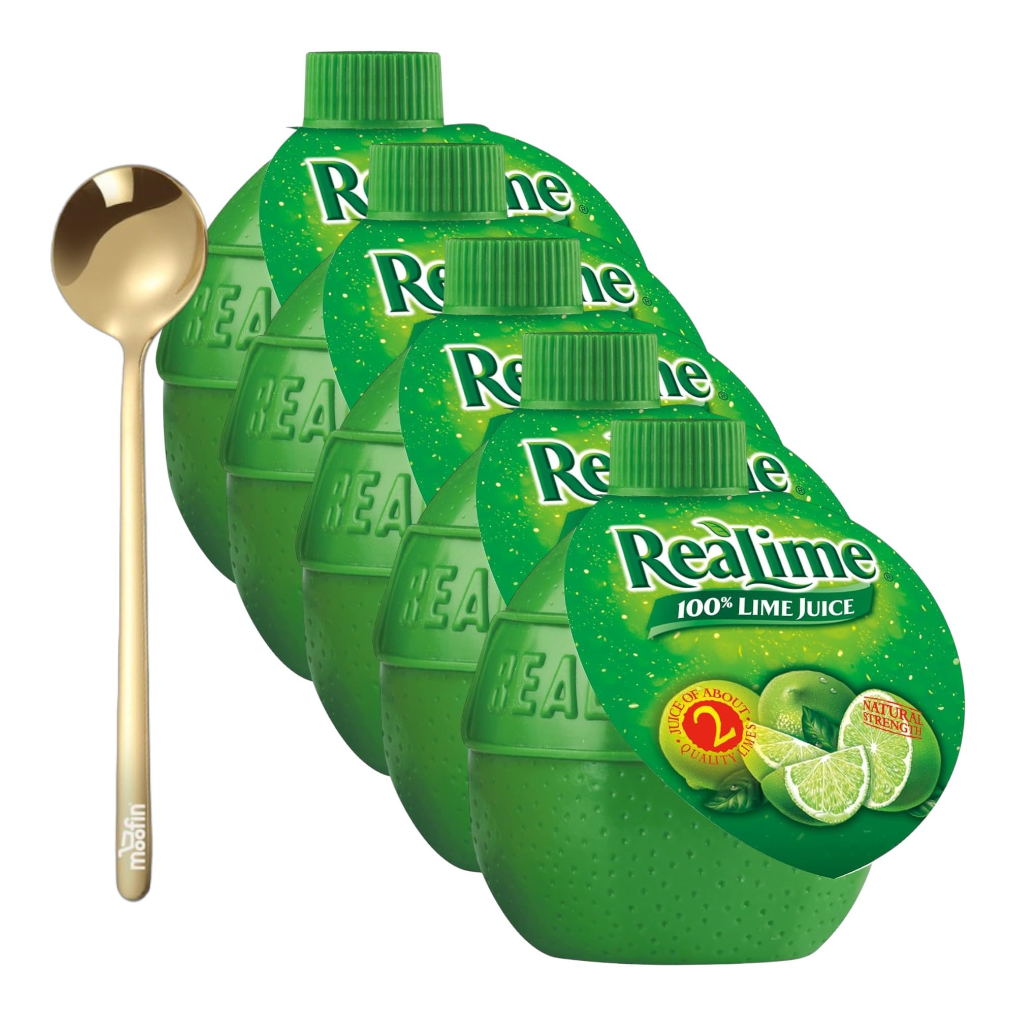 moofin Realime 100 percent lime juice, 2.5 oz Bottle - juice Authentic fresh lime juice & pure lime juice - Paired with Moofin Golden SS Spoon, Ideal for Cooking, natural fruit drinks (Pack of 5)