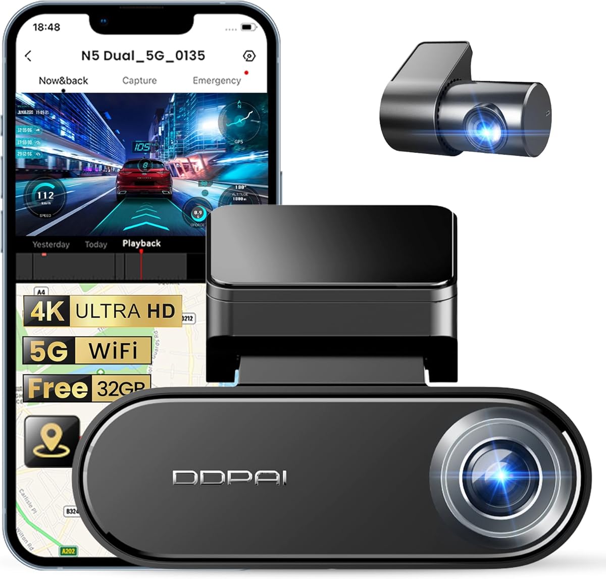 DDPAI 4K Dash Cam Front and Rear, 2160P+1080P Car Dash Camera, GPS 5G WiFi Dashcam for Cars, Free eMMC 32G Dual Storage Support 512G,Radar Motion Detection,Night Vision,72 Hour Parking Mode, N5 Dual : Electronics