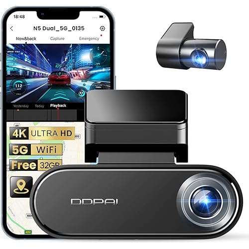 DDPAI 4K Dash Cam Front and Rear, 2160P+1080P Car Dash Camera, GPS 5G WiFi Dashcam for Cars, Free eMMC 32G Dual Storage Support 512G,Radar Motion Detection,Night Vision,72 Hour Parking Mode, N5 Dual