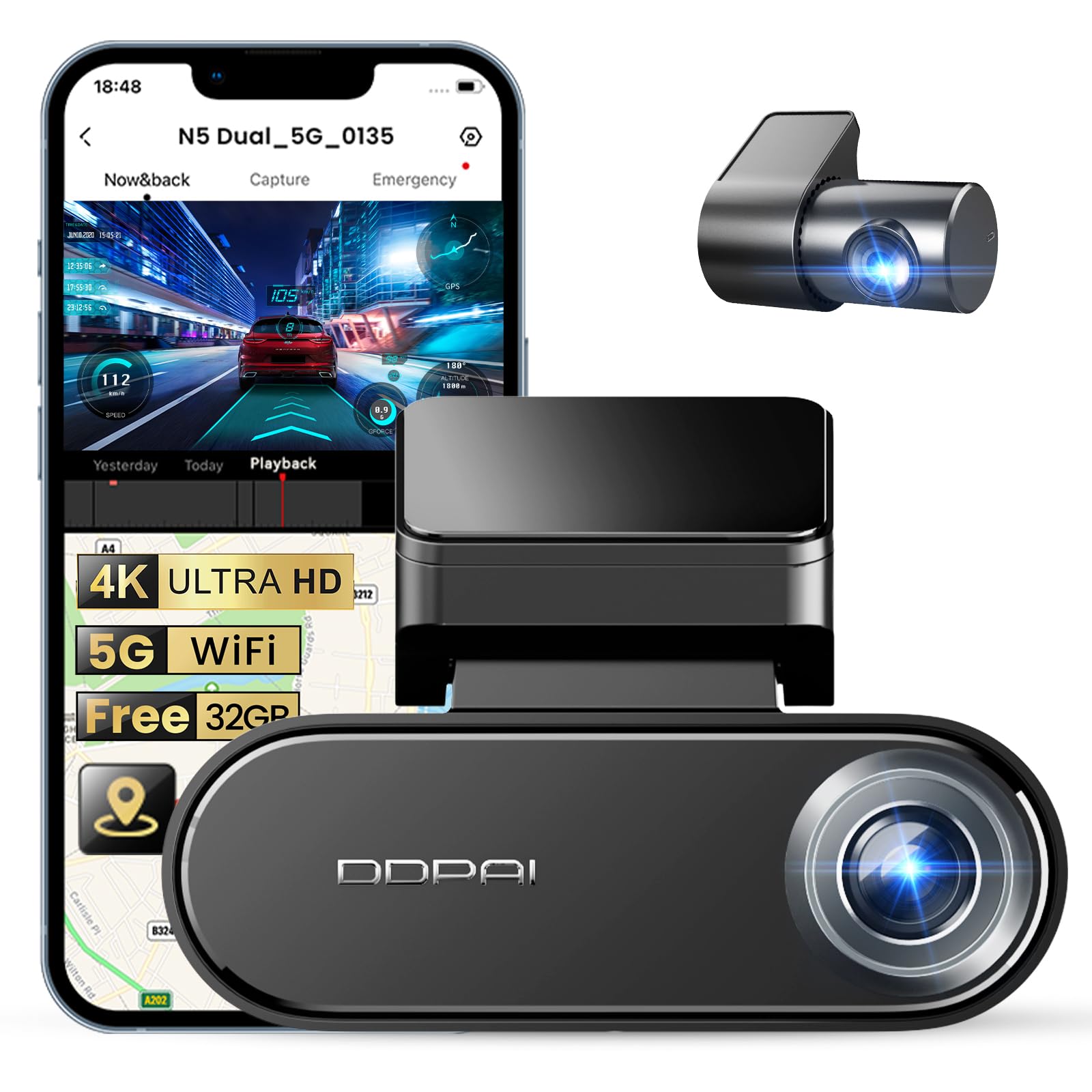 DDPAI 4K Dash Cam for Cars, Front and Rear 2160P+1080P Dashcam Built-in 32G eMMC ADAS 5G WiFi GPS with APP Control 24 Hours Parking Monitor, N5 DualDDPAI 4K Dash Cam for Cars, Front and Rear 2160…