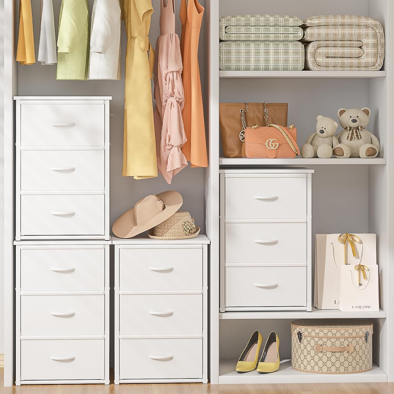 2-Pack Stackable Storage Drawers (6 Drawers Total), White Closet Drawers Organizer for Clothes with Wooden Top & Metal Frame, Freestanding or Stackable Dresser for Bedroom, Living Room, Under Bed