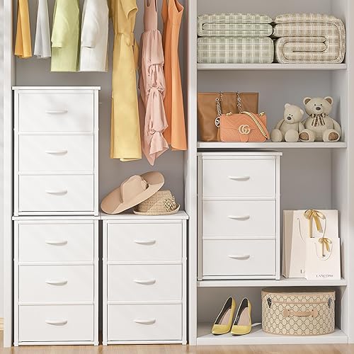 Miniatura 3 de Paquete de 2 cajones de almacenamiento apilables (6 cajones en total), organizador de armario blanco con parte superior de madera y marco de metal,