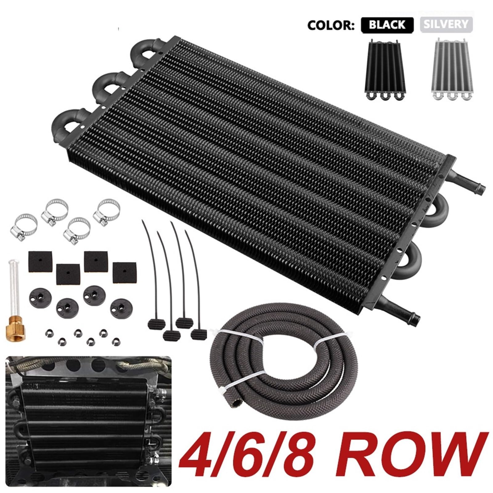 Kit Radiatore Olio A 4 File, 6 File, 8 File, Radiatore In Alluminio, Piastra Di Trasmissione Per Auto E Alette, Radiatore Olio, Convertitore Radiatore Transmission Oil Cooler(8 Row Silver)