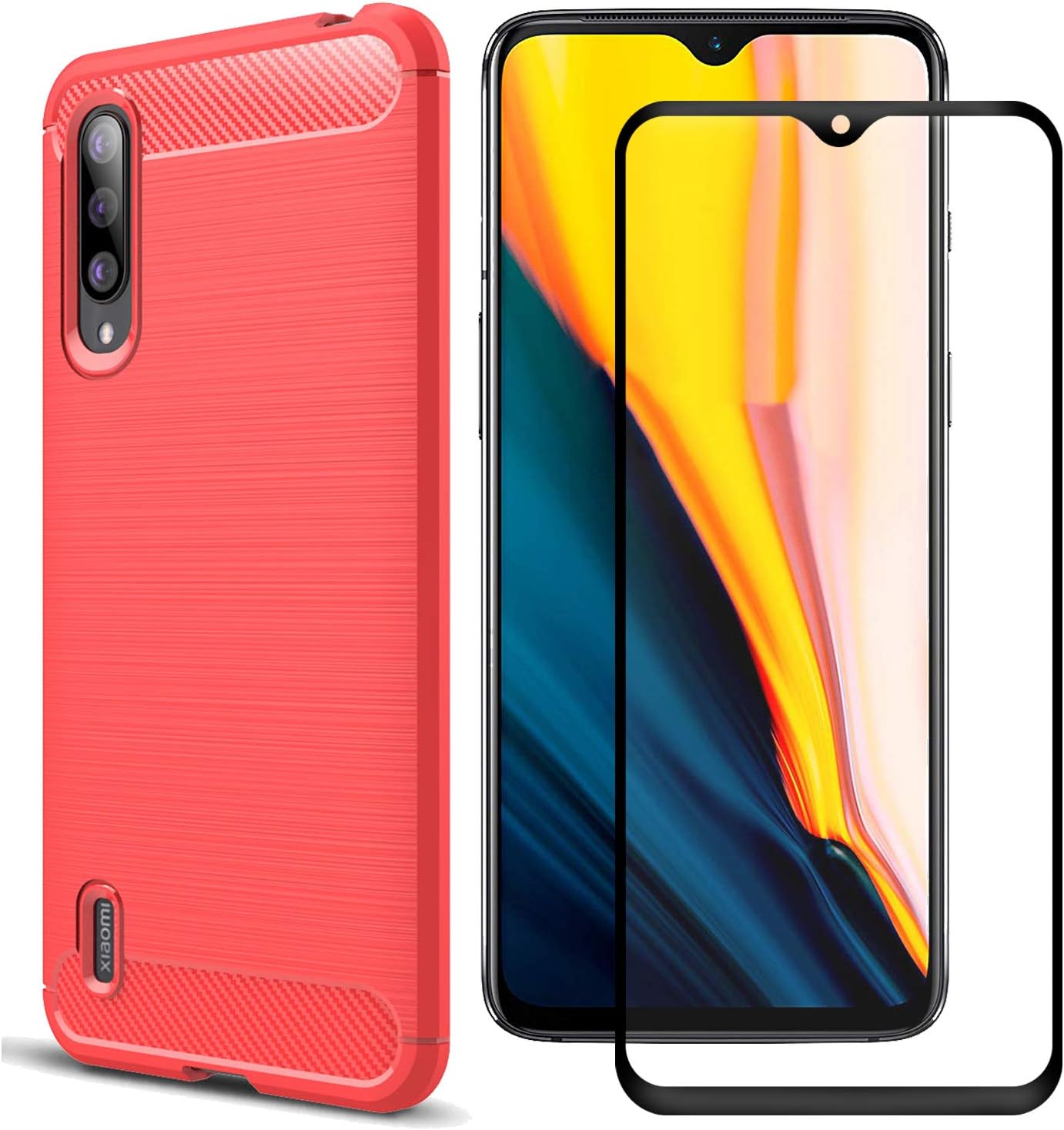 MYLBOO Case Compatible wlth [3 in 1] Xiaomi Mi A3 Case and Screen Protector for Xiaomi Mi CC9,Soft Slim Flex TPU Silicone Case + [1 Pack] 9H Tempered Glass Screen Protector for Xiaomi Mi A3 (Red)