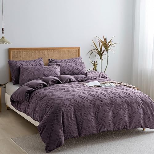 Miniatura 3 de JELLYMONI Juego de funda de edredón morado, tamaño Queen, de microfibra, estilo capitoné, texturado, bohemio, patrón geométrico de rombos jacquard,