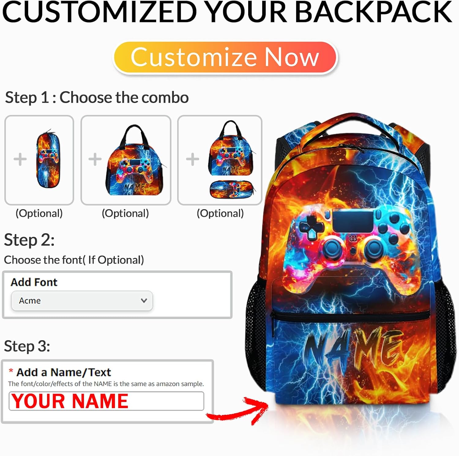 Gamer Backpack for Kids School Kindergarten Elementary Primary Middle College, Personalized Gaming Schoolbag for Boys, 17 Inch Custom Large Capacity Bookbag for Travel Work Hiking