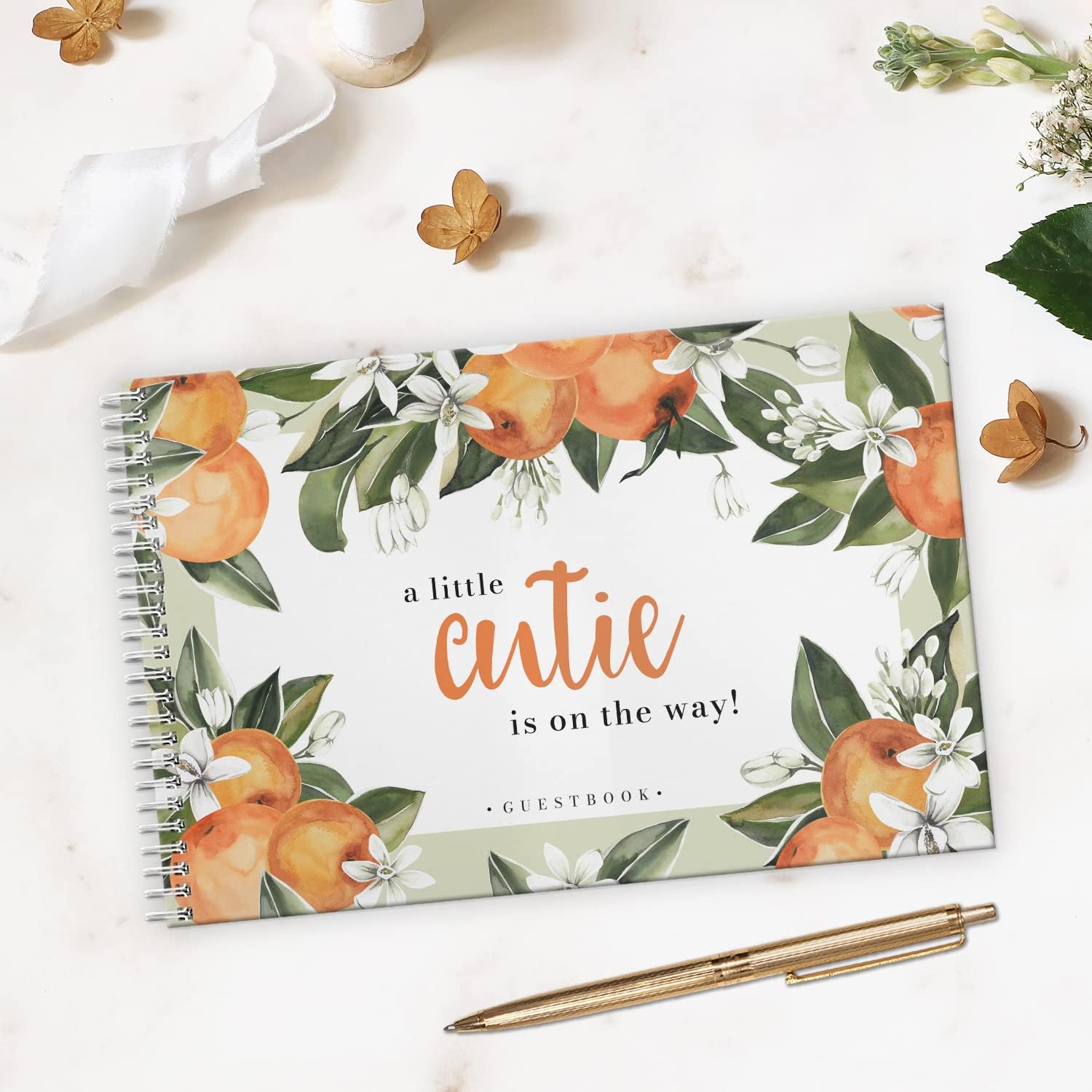 Canopy Street Hardcover Little Cutie Baby Shower Guestbook / 120 Lined Guest Signature Pages Inside / 5.5" x 8.5" Landscape Lay Flat Gender Neutral Guest Book/White Metal Spiral Binding