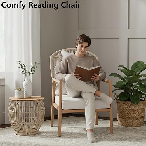 Miniatura 8 de DAYRUS - Juego de 2 sillas modernas para sala de estar, sillas decorativas con mesa auxiliar, cómodos brazos con cojines, silla de lectura de ratán