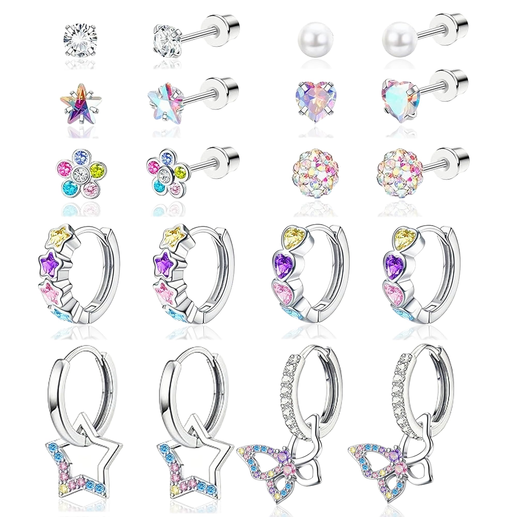 LOFITOR 10 Paar Hypoallergene Ohrringe für Damen Mädchen 316L Chirurgenstahl Medizinische Ohrstecker Creolen Hängende Set Schmetterling Blume Herz Stern Kinder Edelstahl Ohrringe Mädchen Set