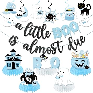 A Little Boo Is Almost Due Baby Shower Decorations, includes A Little Boo Is Almost Due Banner,Halloween Baby Shower Hanging Swirls and Halloween Boo Centerpieces