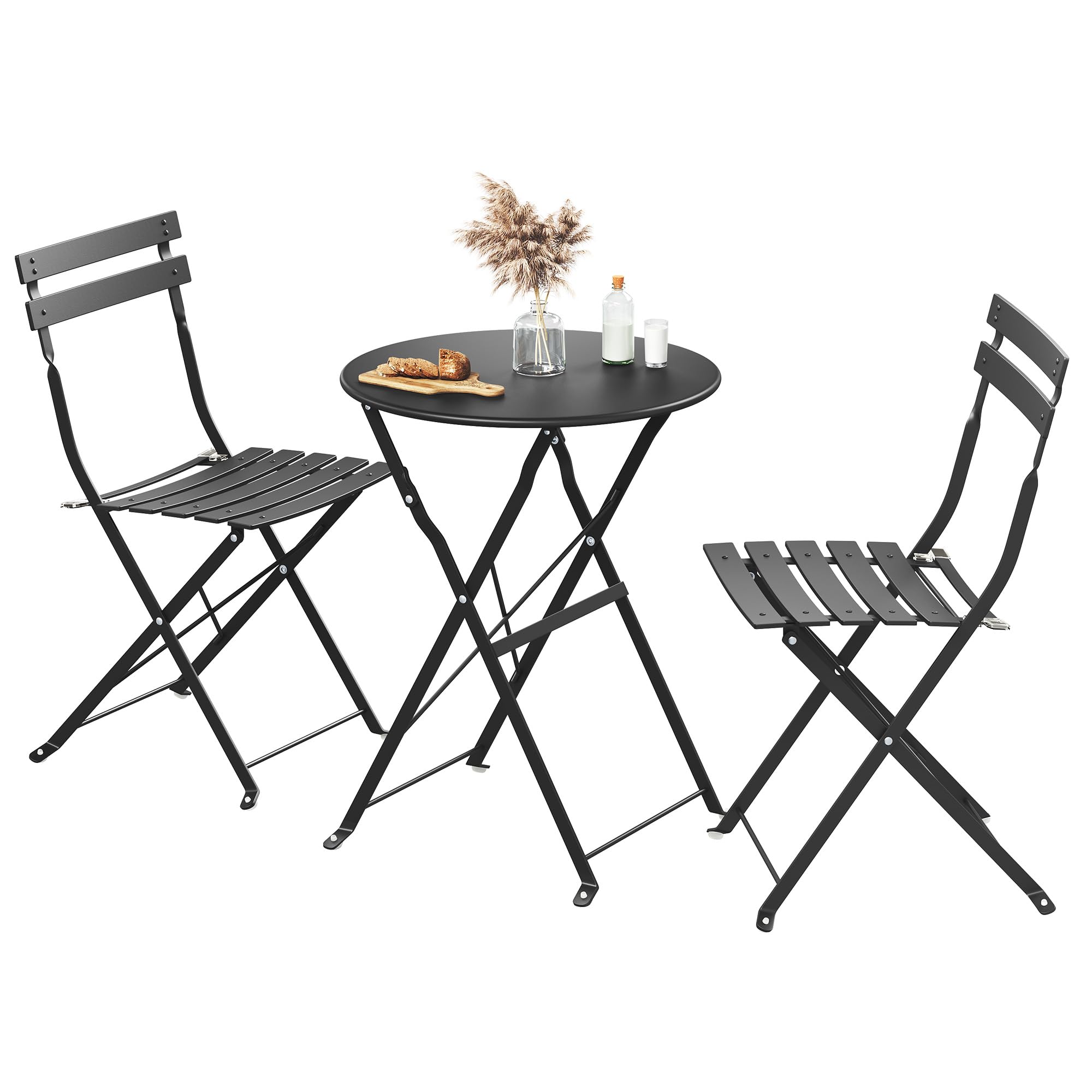 SONGMICS 3-Piece Outdoor Bistro Set, Folding Patio Furniture Set with Table and 2 Chairs, Weather-Resistant Steel Balcony Furniture, for Balcony, Patio, Garden, Ink Black GGF036BZ01