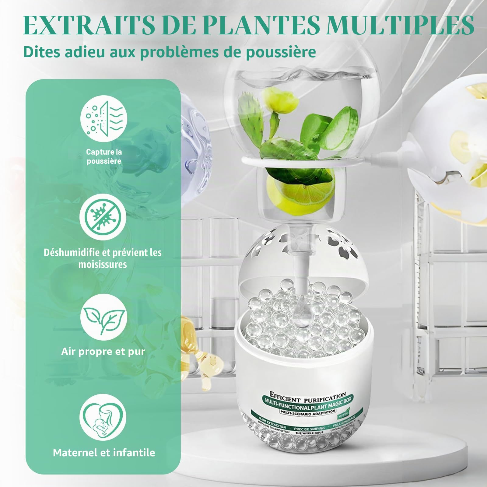 Lot de 4 Boîtes Purificateur d'Air Multifonctions | Absorbeur d'Odeurs et Anti-Poussière d'Intérieur, collecte automatique de la poussière, pour Chambre, Salon, Voiture