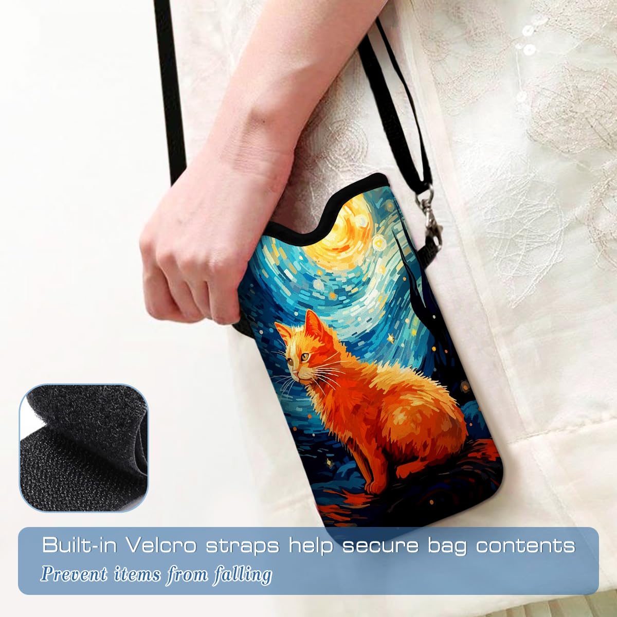 Funda de neopreno para teléfono celular de 7.5 x 4.3 pulgadas, funda de protección móvil con correa cruzada, cordón para el cuello, funda para teléfono celular, pintura al óleo de gato galaxia
