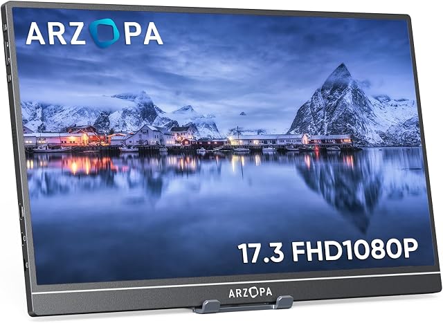 ARZOPA Przenośny monitor, 17.3-calowy 1920×1080 FHD ekran ochrony oczu, z HDMI/Type-C/USB-C, 100% SRGB IPS Przenośny ekran monitora, Kompatybilny z laptopami/PC/Mac/PS3/PS6/Xbox/Mobile