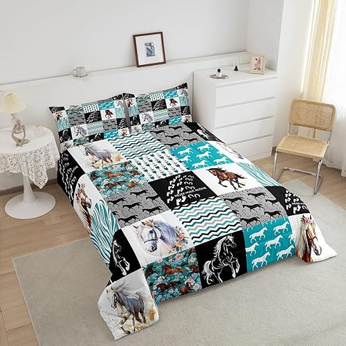 Miniatura 5 de Ropa de Cama de Caballos, Juego de Edredón de Caballo de Granja Occidental para Niñas Cama Individual, Edredón Bohemio con Flechas Rayas de Cebra