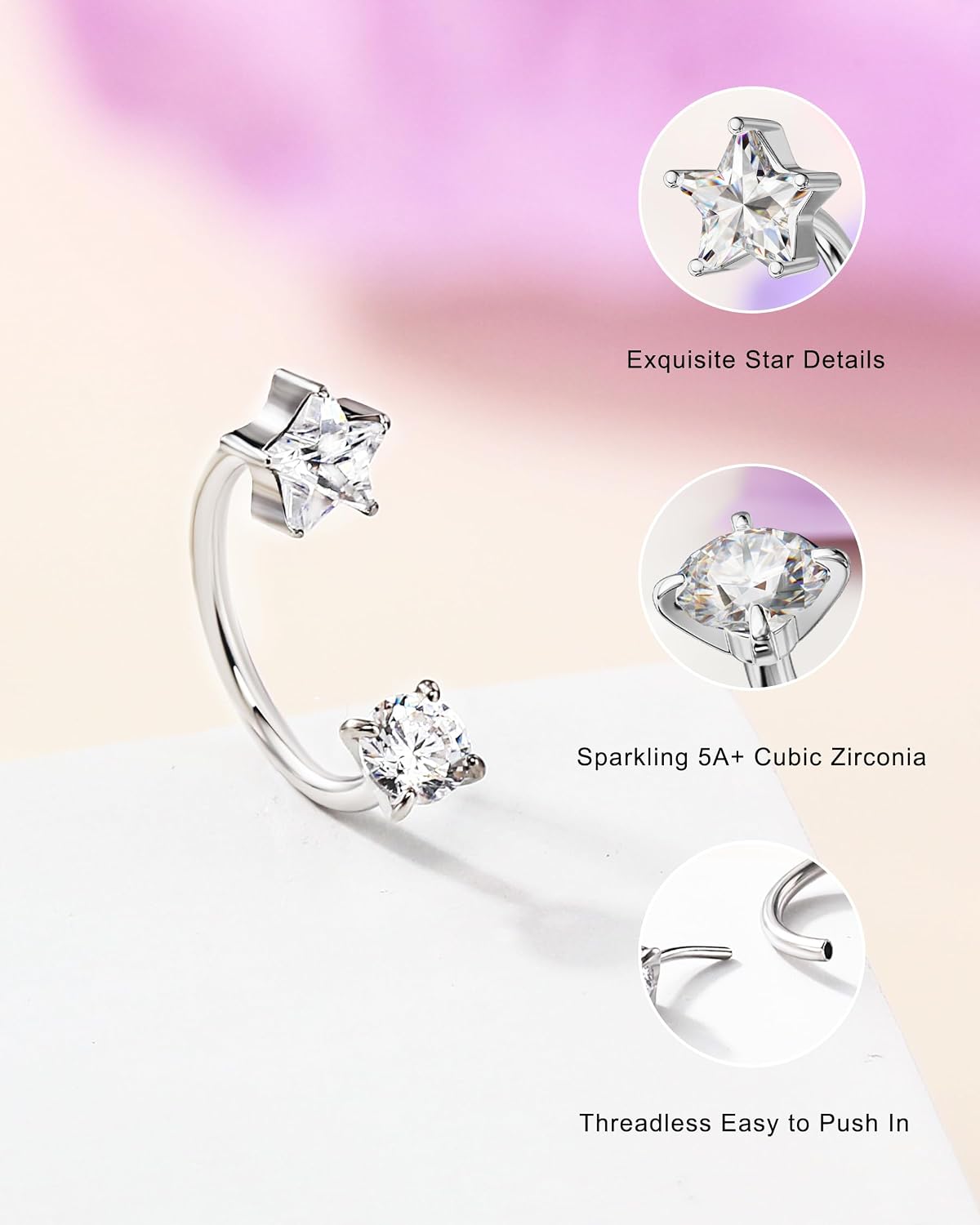 Jewseen 20G Star Horseshoe Nose Ring 7MM Threadless Nose Piercing Jewelry Push Pin 316L Surgical Steel Nose Ring for Women Double Cubic Zirconia Septum Lip Daith Conch Piercing Jewelry Hypoallergenic