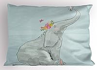 Vista 1 de Ambesonne Elephant Nursery Pillow Sham, Elephant and Little Mouse Friendship Fun Art Hand Drawn Flowers Design, Decorative Standard Size Printed
