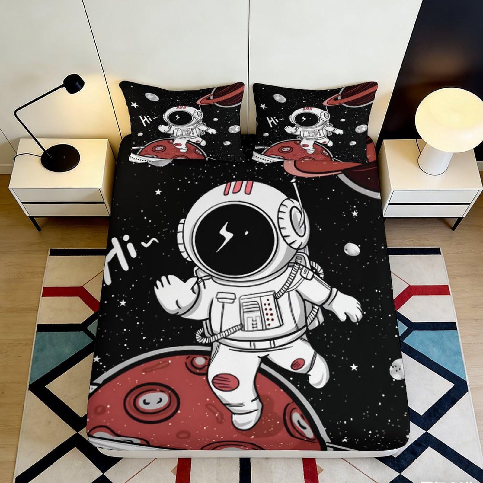 Pnayamiorkfel Style-10 3D Printed Cartoon Astronaut Fitted Sheet Microfiber Soft Black Space Planet Bed Cover For Bedroom Dorm Use 90X200x25cm