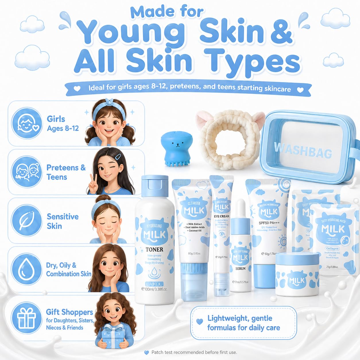 Milk Skincare Set for Kids and Teens, 12-Piece Face Care Gift Set