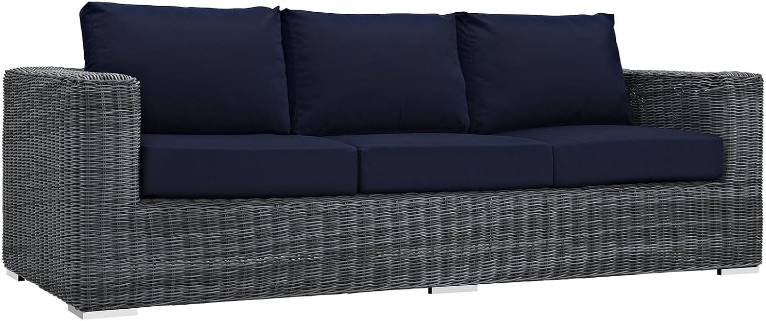 Pemberly Row Modern Outdoor Patio Sofa, Aluminum Frame, Synthetic Rattan Weave, Canvas/Navy Finish, Plush Machine Washable Cushions, UV and Water Resistant, 89"W x 36"D, Elegant Backyard or Poolside