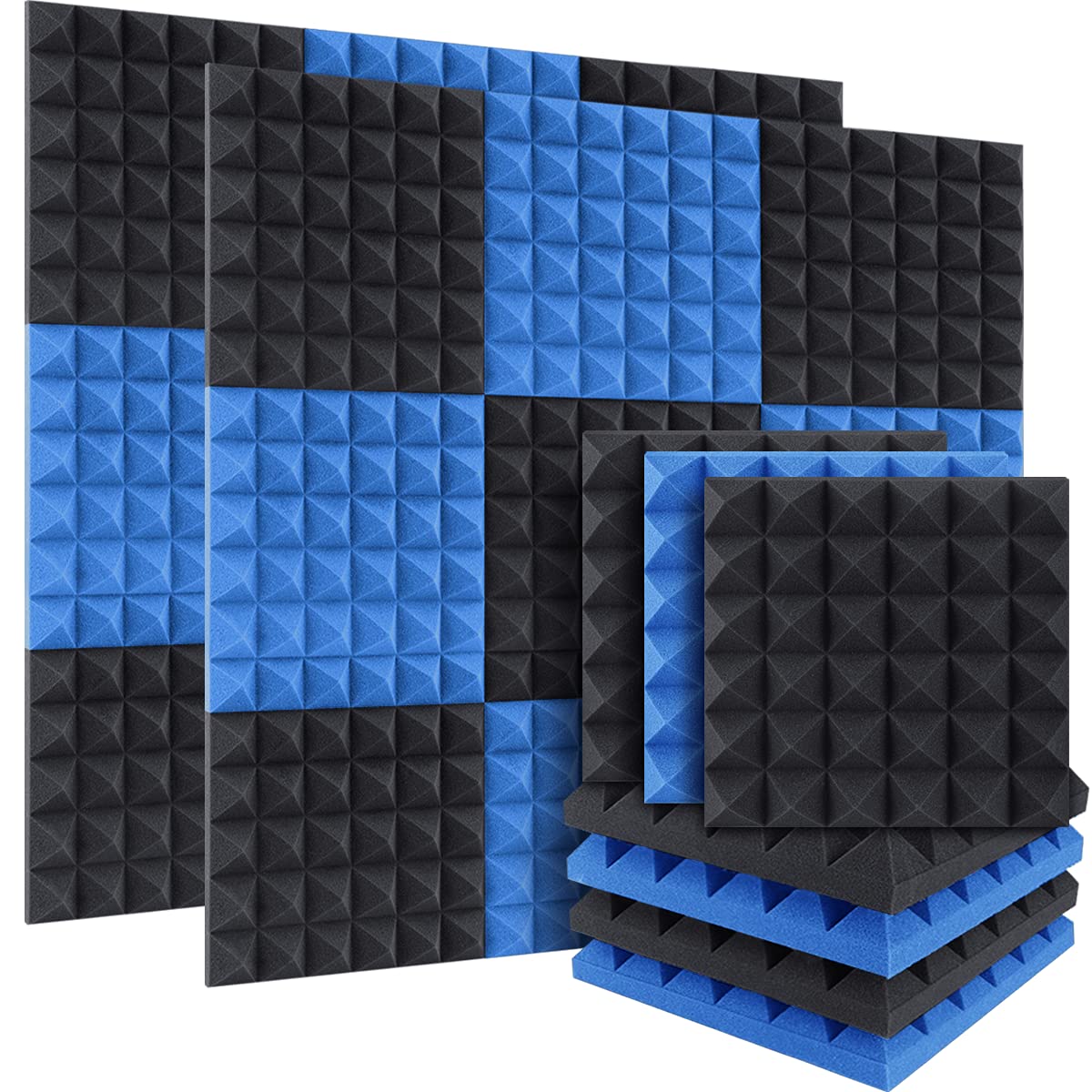 DEKIRU Sound Proof Padding Foam Panels, 2" X 12" X 12" Acoustic Panel Studio Foam Pyramid Tiles Sound Absorbing Dampening Foam Panels Wall Soundproofing Treatment (24 PACK, Black&Blue)