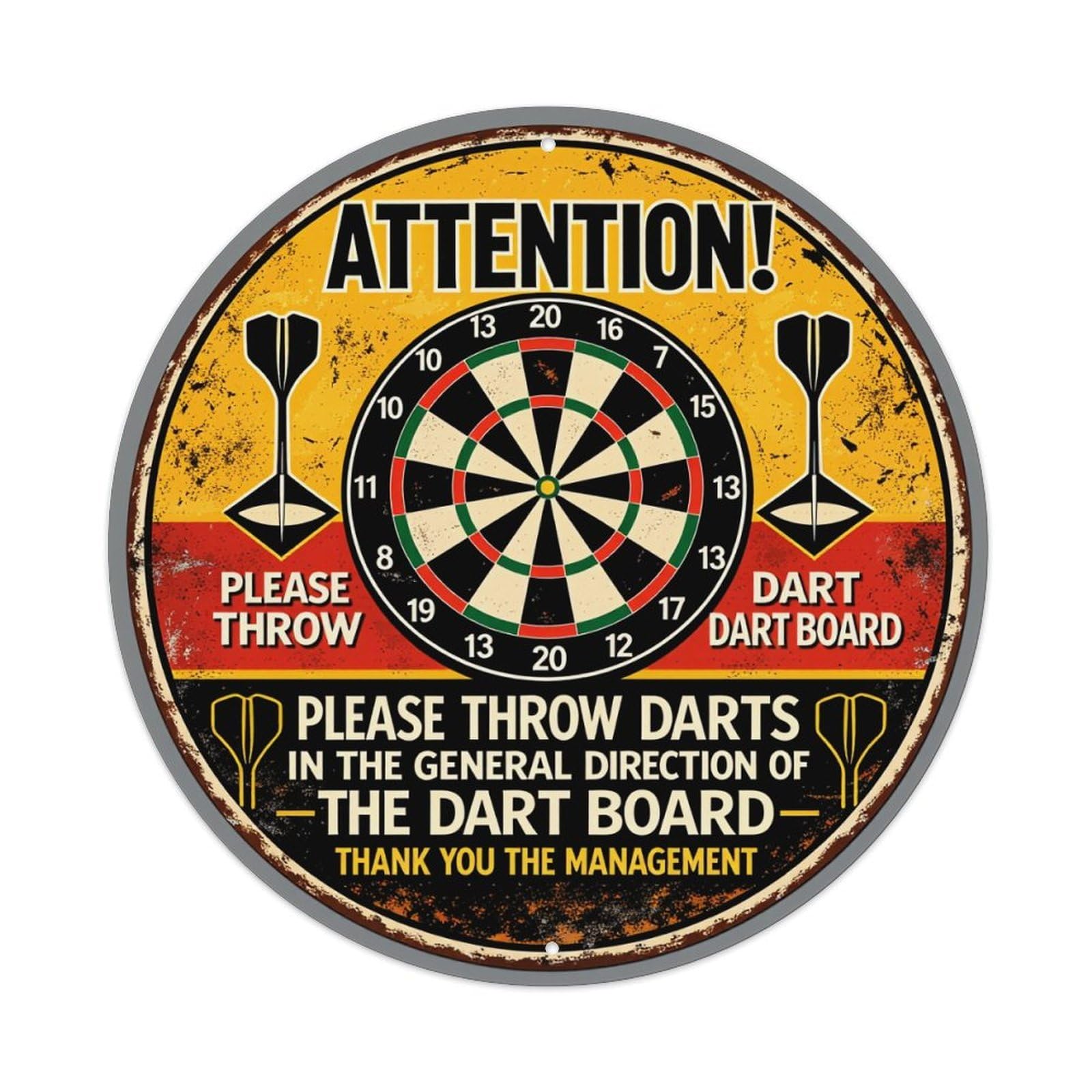 Attention Please Throw Darts Dart Board Round Tin Sign Vintage Metal Poster, Home Bar Garage Man Cave Cafe Indoor & Outdoor Wall Decoration 8x8Inches