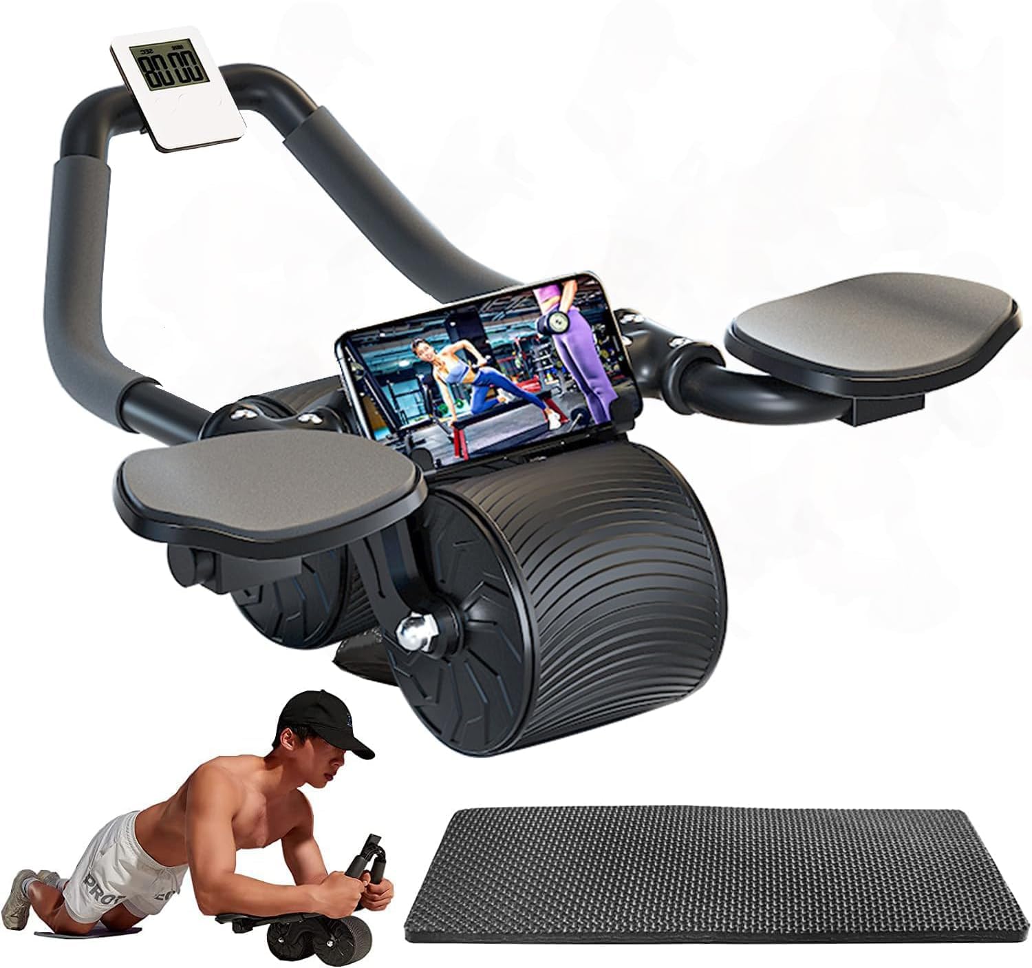 Abdominal Exercise Ab Roller Wheel with Elbow Support and Timer, Rebound Ab Roller Workout Equipment for Men Women Ab Roller Wheel with Knee Pad