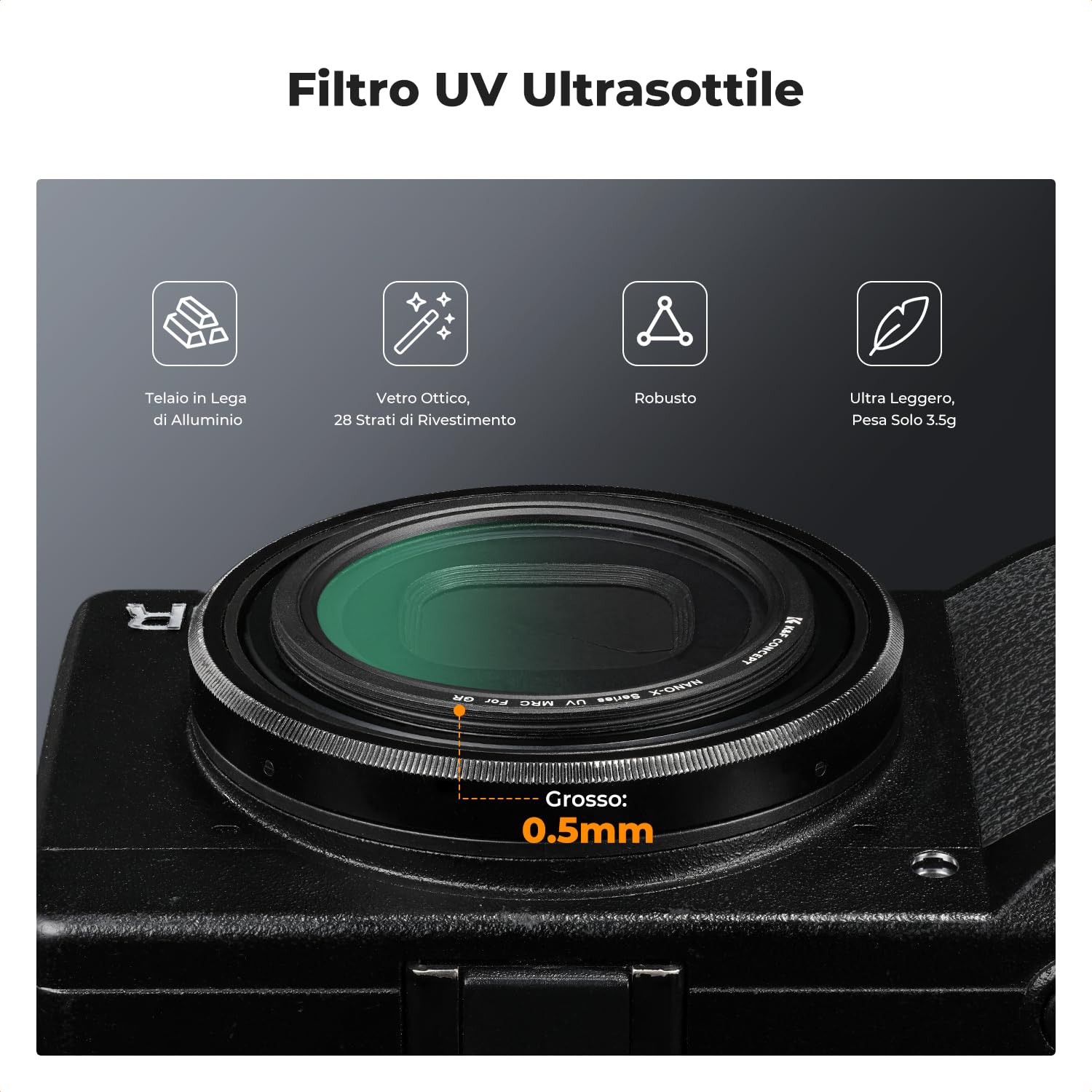 K&F CONCEPT Filtro Protettivo UV Compatibile con Ricoh GR IV GR IIIx GR IIIx HDF GR3X HDF GR III GR III HDF GR3 HDF e GR II GR2, Filtro UV Ultra Sottile Rivestito a 28 Strati