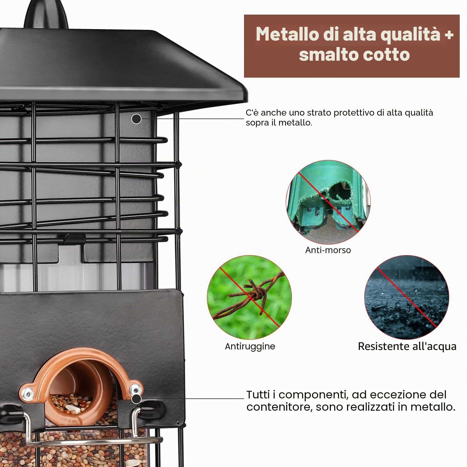 Mangiatoia per uccelli 4 porte, contro gli scoiattoli, facile da pulire, da appendere per semi, adatta anche per nutrire stuzzichini, 14 pollici resistente con rete metallica, Ø13 x 36 cm, 2.5 lbs