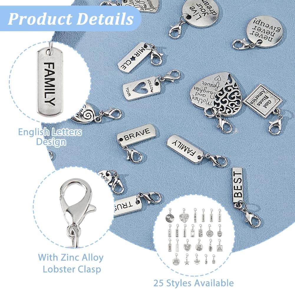 50Pcs Clip on Charm Pendants 25 Styles Antique Silver Inspiration Words Charms with Lobster Clasps Words Alloy Zipper Pendant for Bag Purse Keychain Jewelry Making DIY Crafts - Image 4