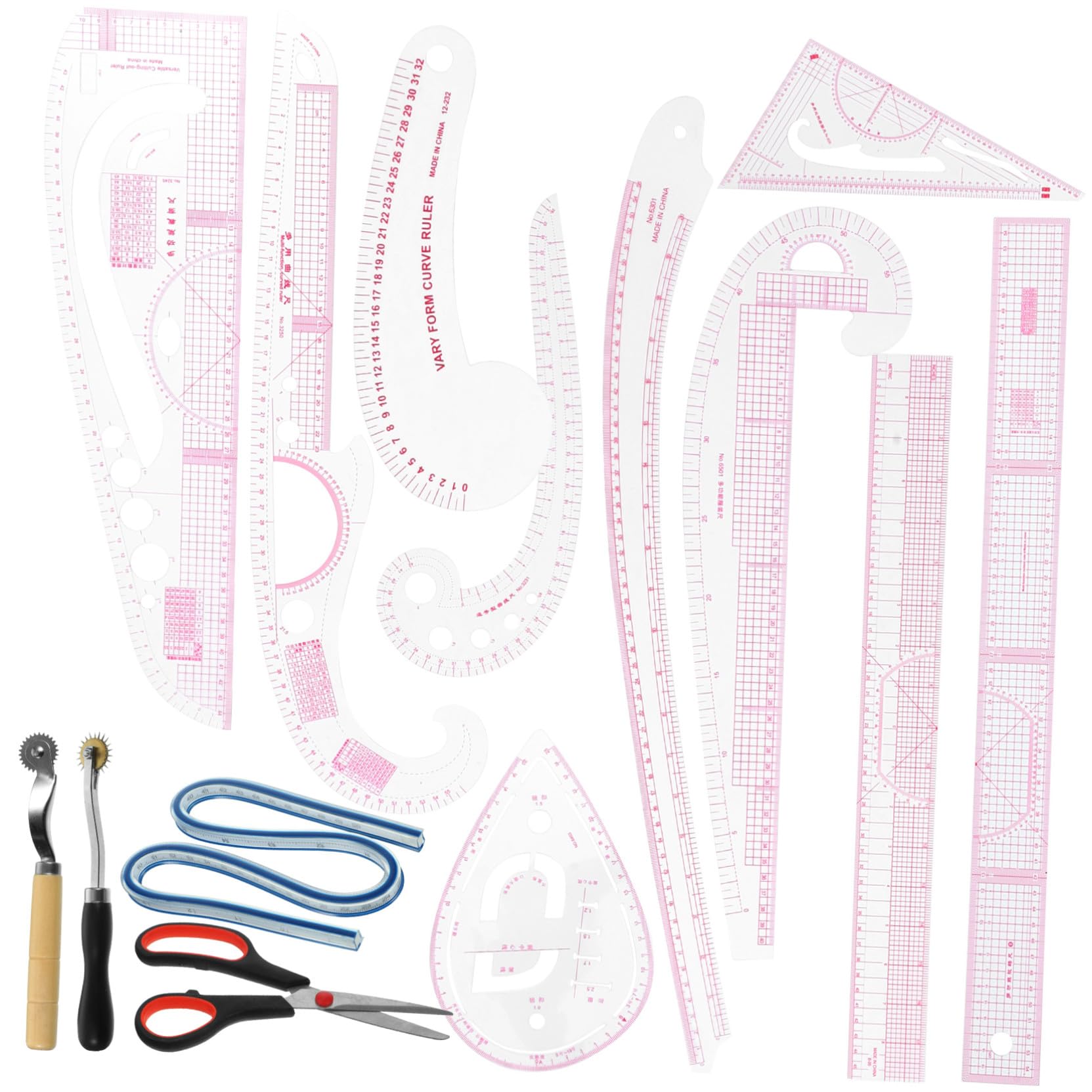 Gadpiparty 14 Stück Nählineal aus Pvc Holz und Edelstahl mit Hoher Messgenauigkeit Professionelles Schnittmuster Werkzeug für Anfänger und Designer zum Nähen und Zeichnen