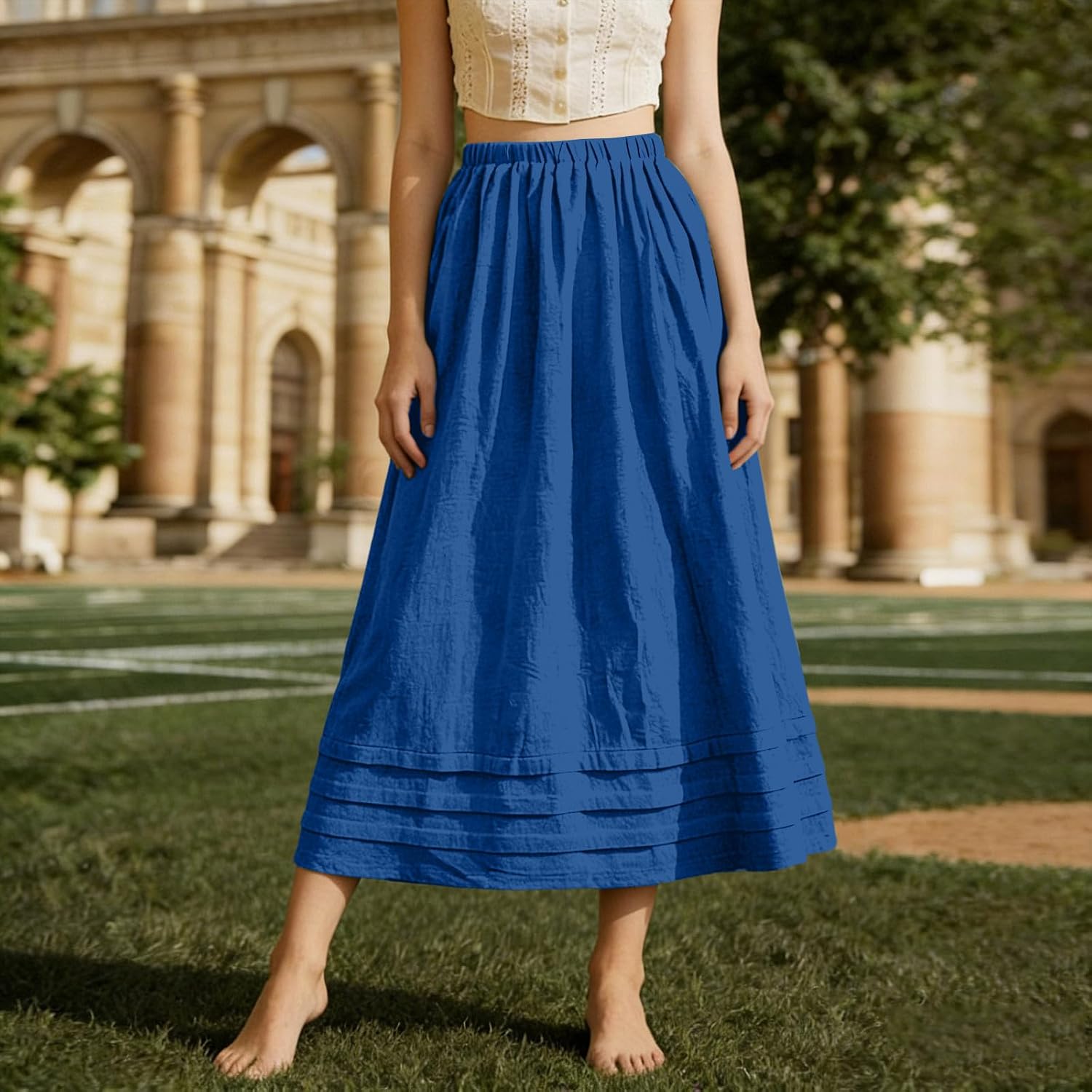 Womens Cotton Linen Maxi Skirt Vintage Casual Linen Skort Summer A Line High Waist Long Skirts with Pockets