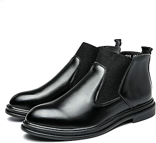 防水レジャーライディングブーツ 男性のためのチェルシーブーツ前後のプルの上の上の弾性ガセットの上に引っ張ってプル蛇口の合成革コンドームの唯一のブロックヒールを抑制しない .お父さんと彼氏のためのハイトップウォームブーツ (Color : Bla...
