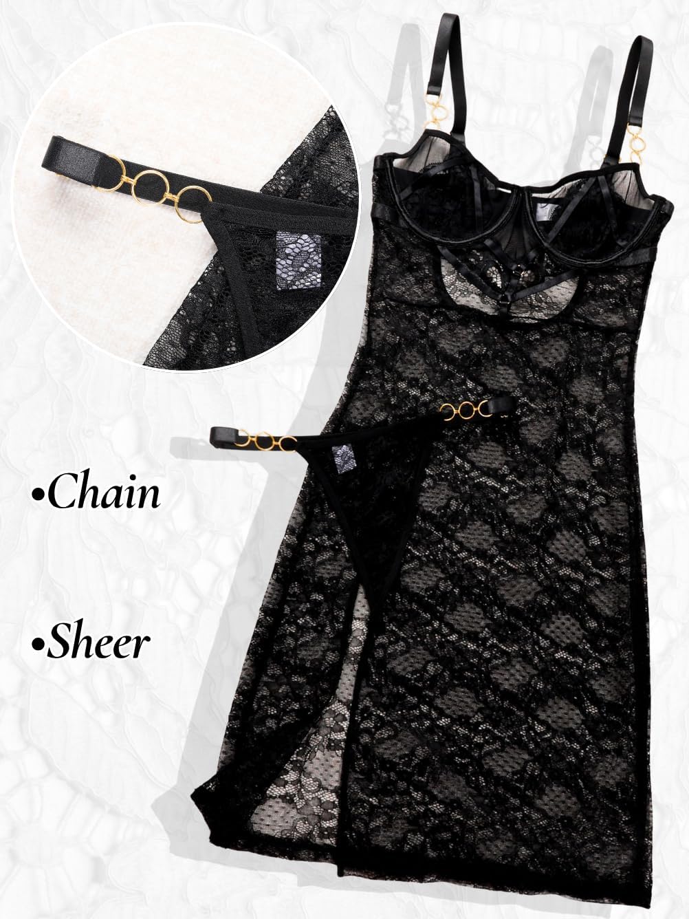 Sheer Lace Floral Lingerie, Sexy Push Up High Slit Backless, Date Night, Size Runs Small - Image 4