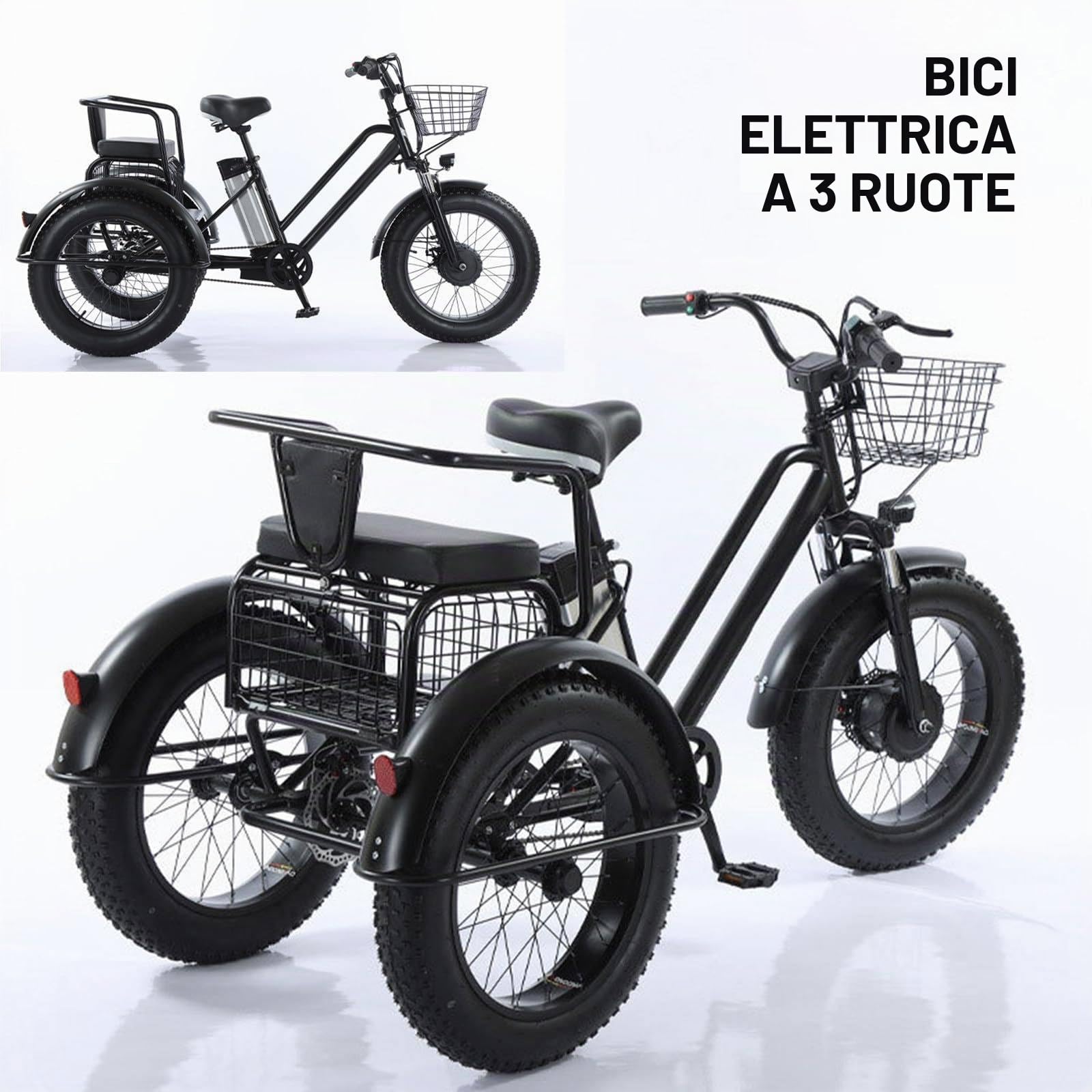 Triciclo Elettrico per Adulti,con Pneumatici Fat Tire Off-Road da 20" x 4.0,Cestino per la Spesa e Sedile Posteriore,Batteria Rimovibile da 48V/12Ah,Portata 200 kg,Ideale per Spesa,Picnic e Spiaggia